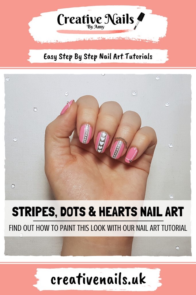 striped nails with dots and hearts easy step by step nail art tutorial