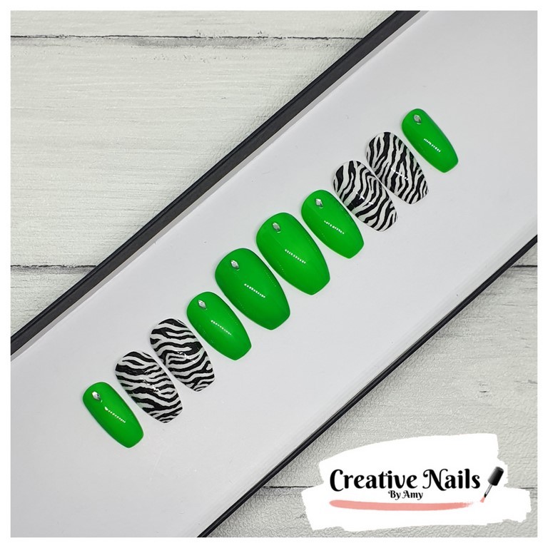 neon green zebra print false nails