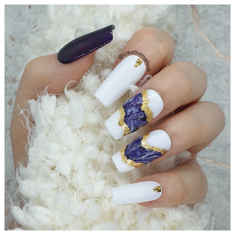 purple glitter nails with gold foil